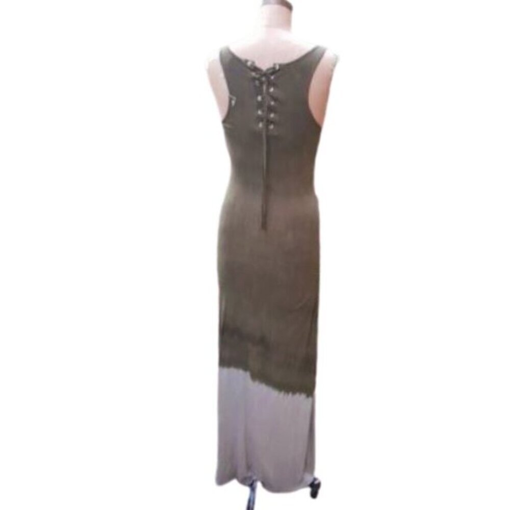 Maxi tank tube fitted slip lace up back dress in olive green w dip tie dye hem - Picture 6 of 12